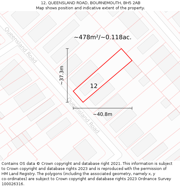 12, QUEENSLAND ROAD, BOURNEMOUTH, BH5 2AB: Plot and title map