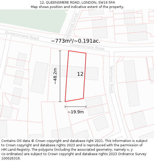 12, QUEENSMERE ROAD, LONDON, SW19 5PA: Plot and title map
