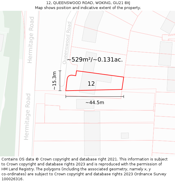 12, QUEENSWOOD ROAD, WOKING, GU21 8XJ: Plot and title map