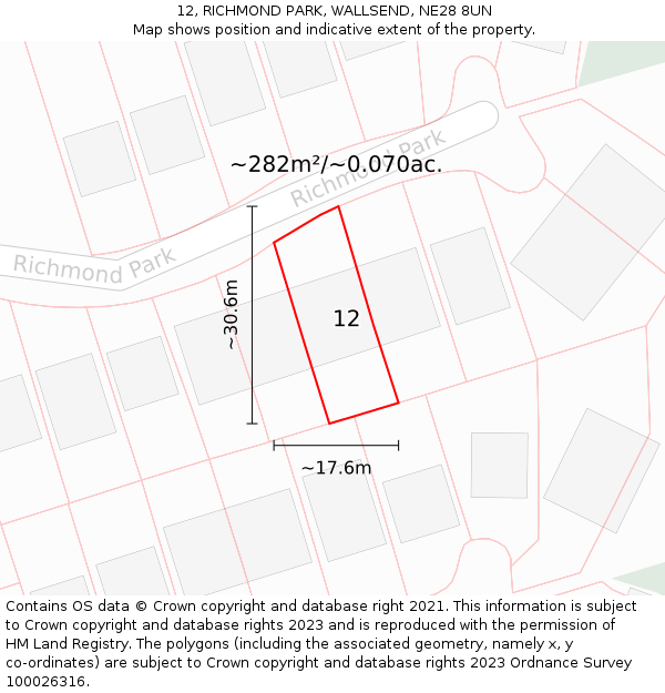 12, RICHMOND PARK, WALLSEND, NE28 8UN: Plot and title map
