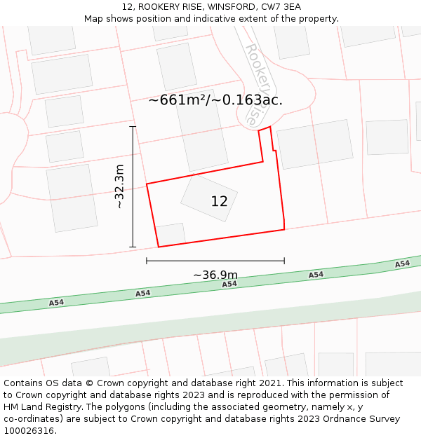 12, ROOKERY RISE, WINSFORD, CW7 3EA: Plot and title map