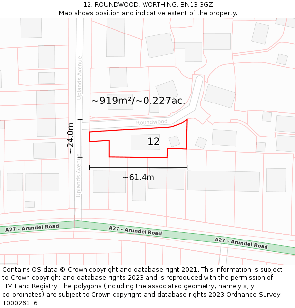 12, ROUNDWOOD, WORTHING, BN13 3GZ: Plot and title map