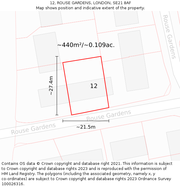 12, ROUSE GARDENS, LONDON, SE21 8AF: Plot and title map