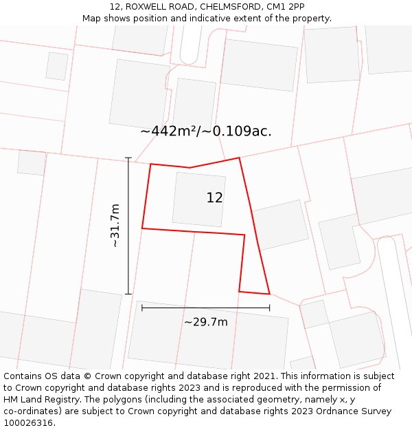 12, ROXWELL ROAD, CHELMSFORD, CM1 2PP: Plot and title map