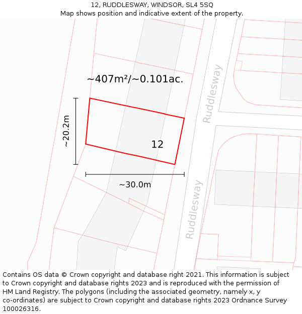 12, RUDDLESWAY, WINDSOR, SL4 5SQ: Plot and title map