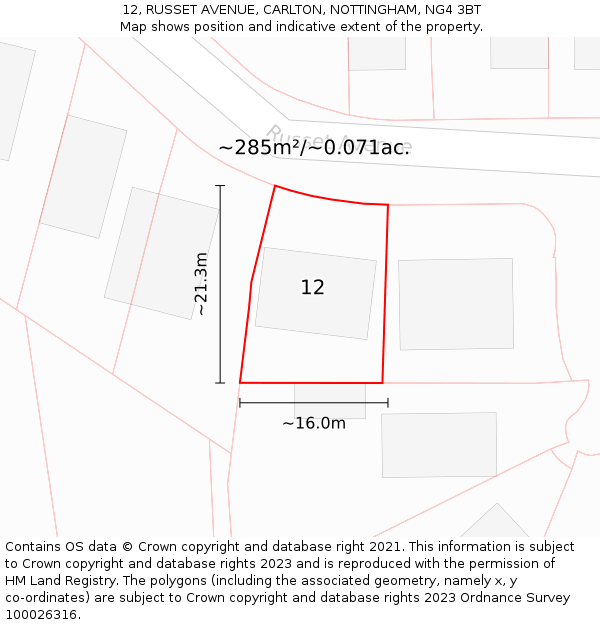 12, RUSSET AVENUE, CARLTON, NOTTINGHAM, NG4 3BT: Plot and title map