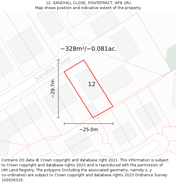 12, SANDHILL CLOSE, PONTEFRACT, WF8 1RU: Plot and title map