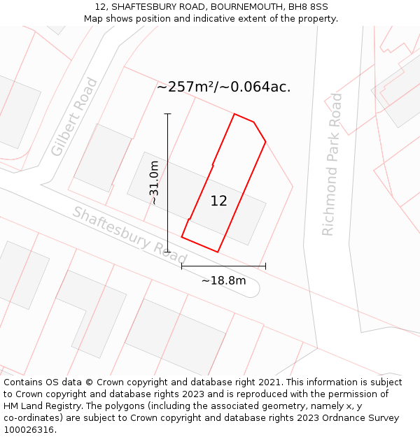 12, SHAFTESBURY ROAD, BOURNEMOUTH, BH8 8SS: Plot and title map