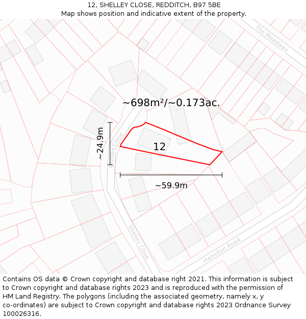 12, SHELLEY CLOSE, REDDITCH, B97 5BE: Plot and title map