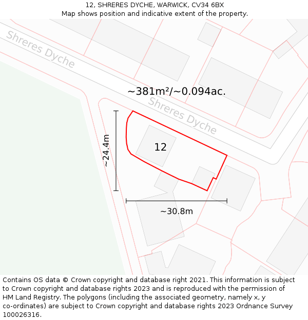 12, SHRERES DYCHE, WARWICK, CV34 6BX: Plot and title map