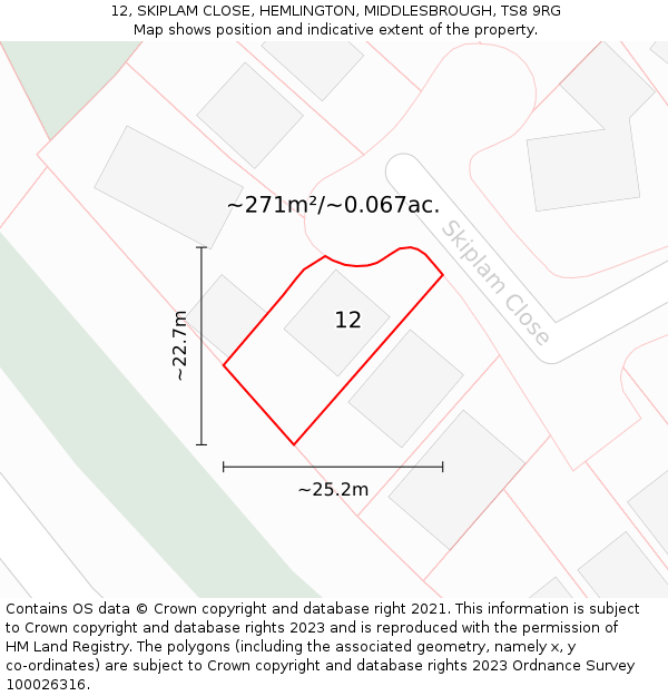 12, SKIPLAM CLOSE, HEMLINGTON, MIDDLESBROUGH, TS8 9RG: Plot and title map