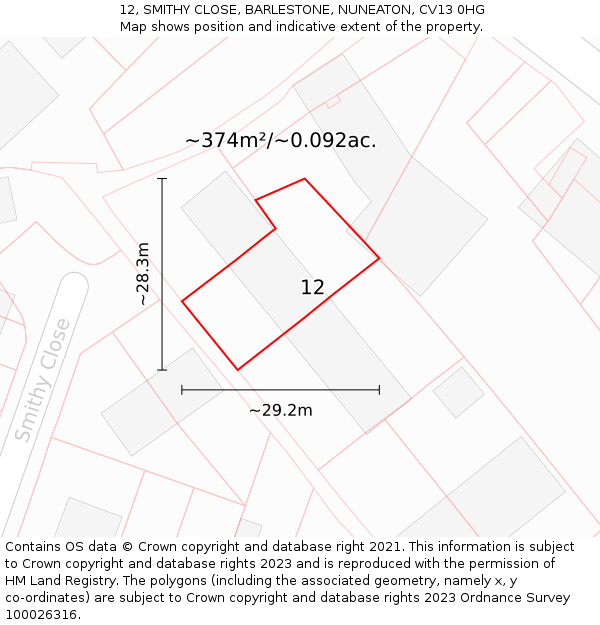 12, SMITHY CLOSE, BARLESTONE, NUNEATON, CV13 0HG: Plot and title map