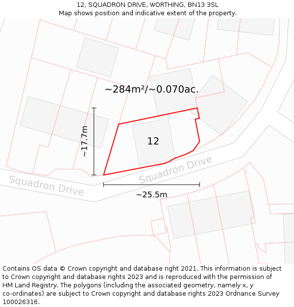 12, SQUADRON DRIVE, WORTHING, BN13 3SL: Plot and title map