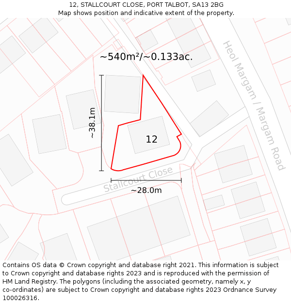 12, STALLCOURT CLOSE, PORT TALBOT, SA13 2BG: Plot and title map