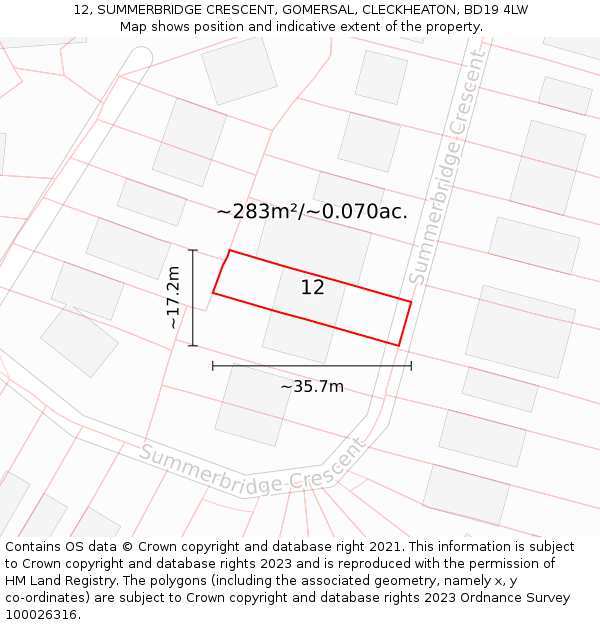 12, SUMMERBRIDGE CRESCENT, GOMERSAL, CLECKHEATON, BD19 4LW: Plot and title map