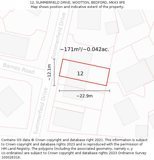 12, SUMMERFIELD DRIVE, WOOTTON, BEDFORD, MK43 9FE: Plot and title map