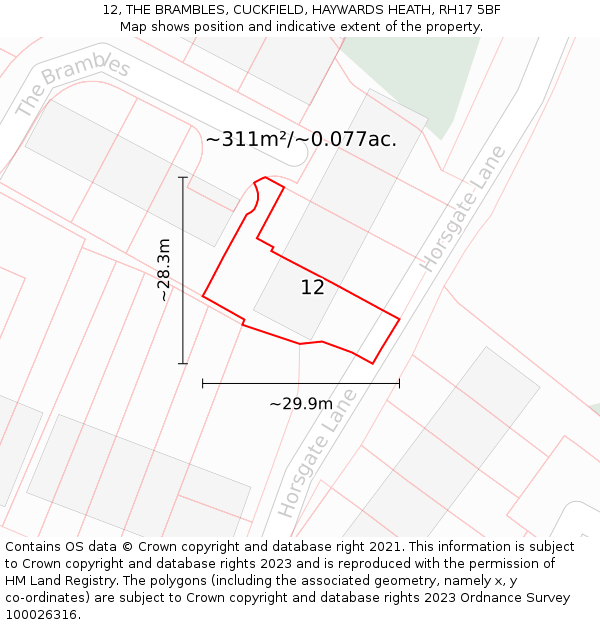 12, THE BRAMBLES, CUCKFIELD, HAYWARDS HEATH, RH17 5BF: Plot and title map