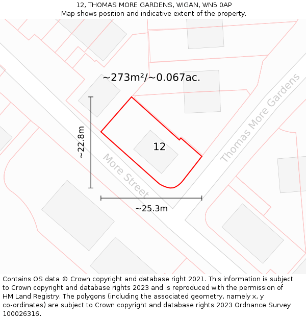 12, THOMAS MORE GARDENS, WIGAN, WN5 0AP: Plot and title map