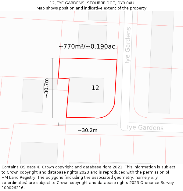 12, TYE GARDENS, STOURBRIDGE, DY9 0XU: Plot and title map