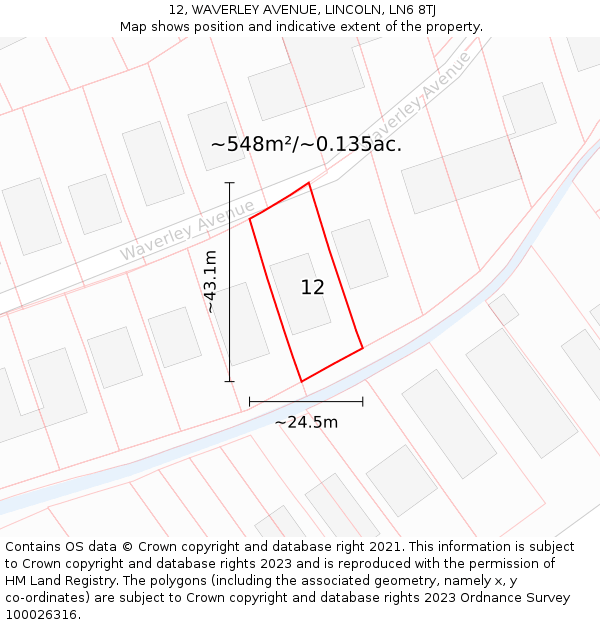 12, WAVERLEY AVENUE, LINCOLN, LN6 8TJ: Plot and title map