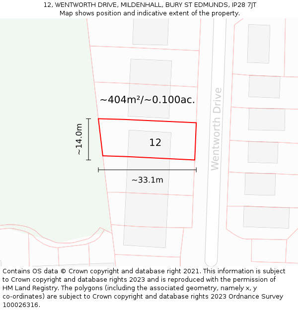 12, WENTWORTH DRIVE, MILDENHALL, BURY ST EDMUNDS, IP28 7JT: Plot and title map