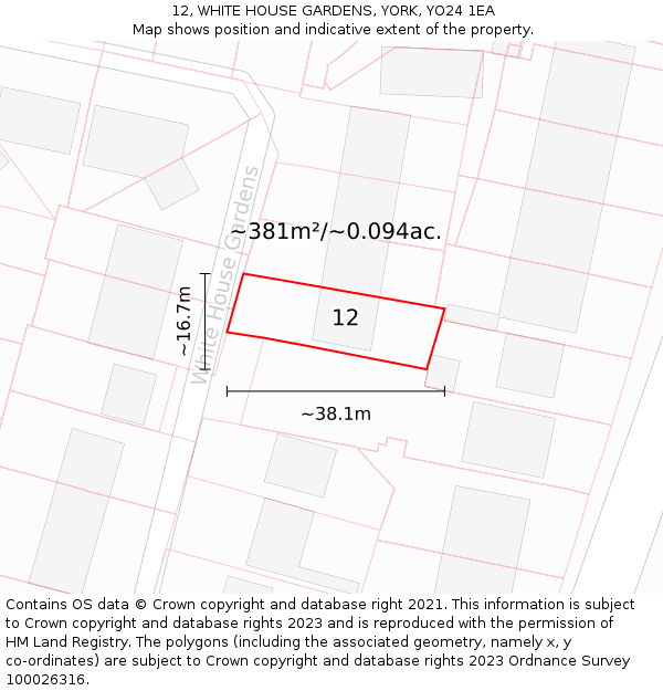 12, WHITE HOUSE GARDENS, YORK, YO24 1EA: Plot and title map
