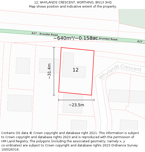 12, WHYLANDS CRESCENT, WORTHING, BN13 3HQ: Plot and title map