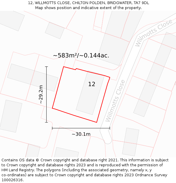 12, WILLMOTTS CLOSE, CHILTON POLDEN, BRIDGWATER, TA7 9DL: Plot and title map