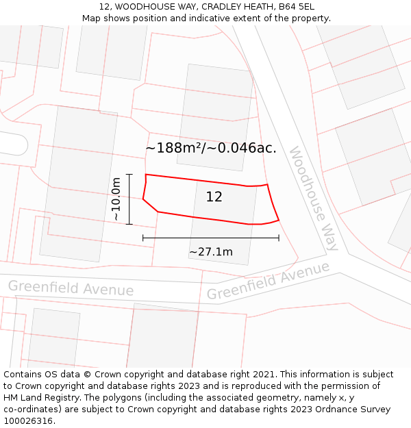 12, WOODHOUSE WAY, CRADLEY HEATH, B64 5EL: Plot and title map