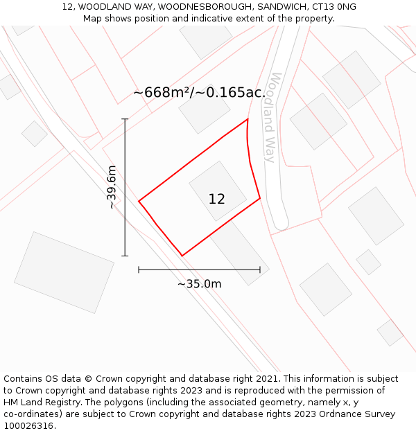 12, WOODLAND WAY, WOODNESBOROUGH, SANDWICH, CT13 0NG: Plot and title map