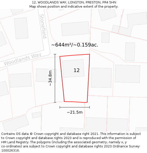 12, WOODLANDS WAY, LONGTON, PRESTON, PR4 5HN: Plot and title map