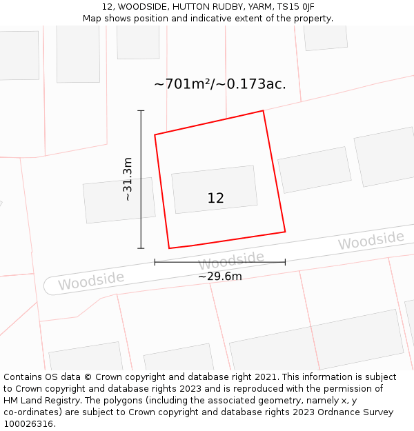 12, WOODSIDE, HUTTON RUDBY, YARM, TS15 0JF: Plot and title map