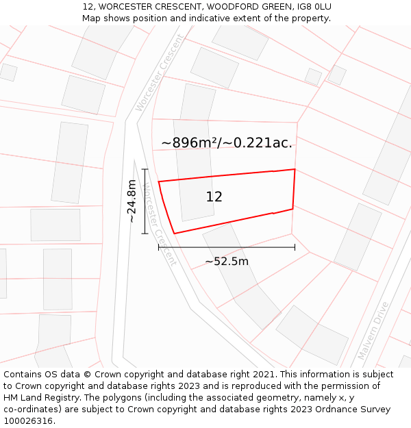 12, WORCESTER CRESCENT, WOODFORD GREEN, IG8 0LU: Plot and title map
