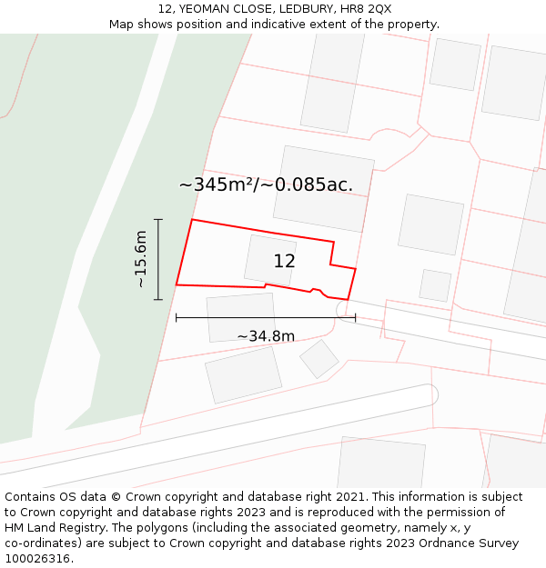 12, YEOMAN CLOSE, LEDBURY, HR8 2QX: Plot and title map