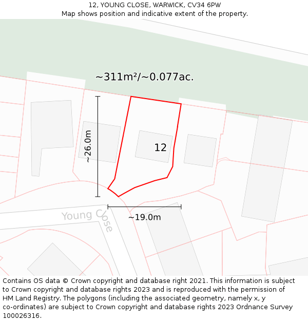 12, YOUNG CLOSE, WARWICK, CV34 6PW: Plot and title map