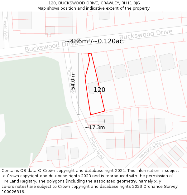 120, BUCKSWOOD DRIVE, CRAWLEY, RH11 8JG: Plot and title map