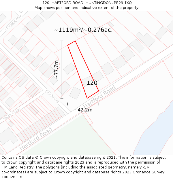 120, HARTFORD ROAD, HUNTINGDON, PE29 1XQ: Plot and title map