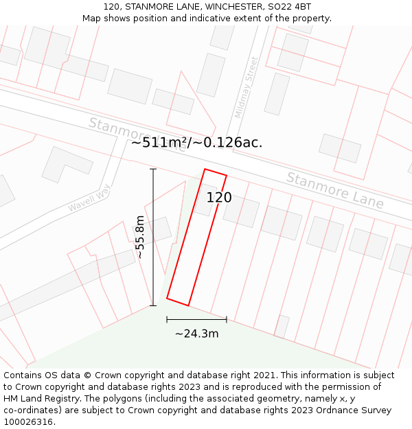 120, STANMORE LANE, WINCHESTER, SO22 4BT: Plot and title map