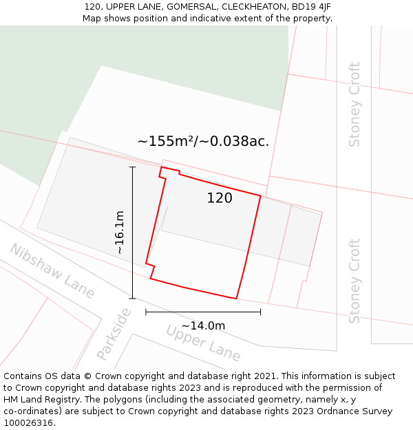 120, UPPER LANE, GOMERSAL, CLECKHEATON, BD19 4JF: Plot and title map