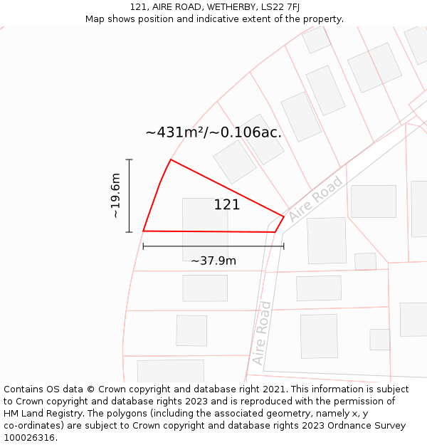 121, AIRE ROAD, WETHERBY, LS22 7FJ: Plot and title map
