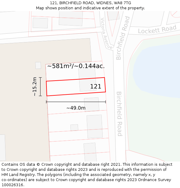 121, BIRCHFIELD ROAD, WIDNES, WA8 7TG: Plot and title map