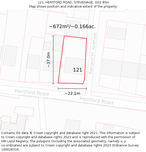 121, HERTFORD ROAD, STEVENAGE, SG2 8SH: Plot and title map