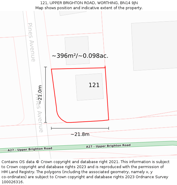 121, UPPER BRIGHTON ROAD, WORTHING, BN14 9JN: Plot and title map