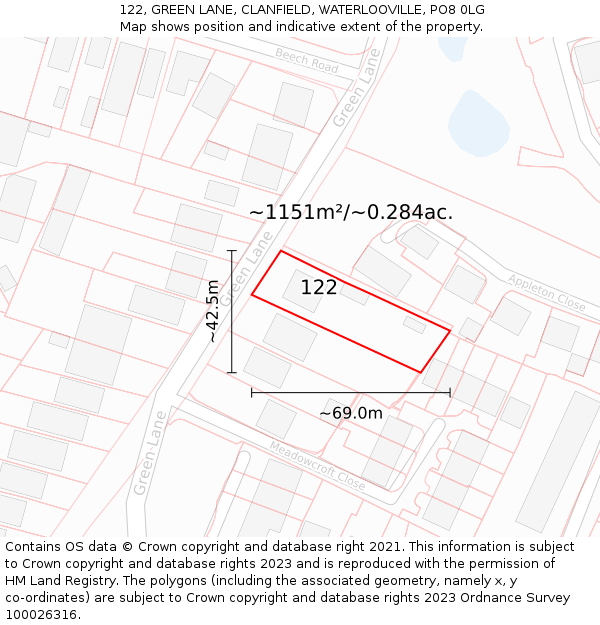 122, GREEN LANE, CLANFIELD, WATERLOOVILLE, PO8 0LG: Plot and title map