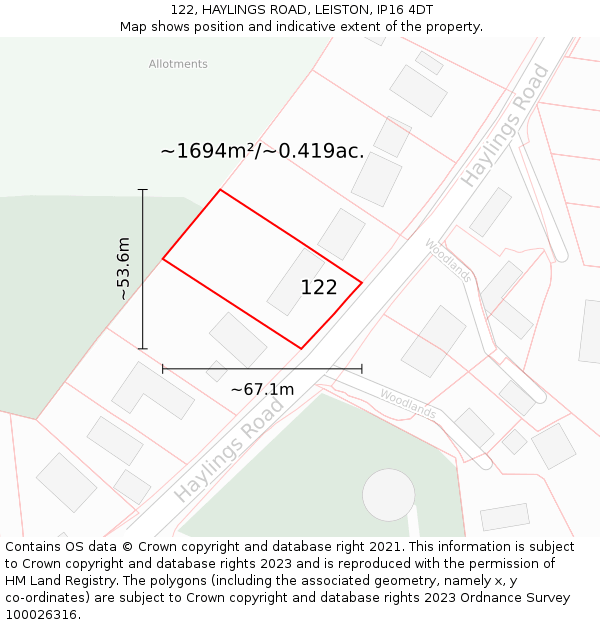 122, HAYLINGS ROAD, LEISTON, IP16 4DT: Plot and title map