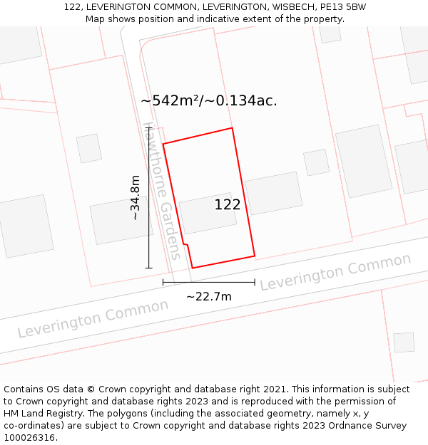 122, LEVERINGTON COMMON, LEVERINGTON, WISBECH, PE13 5BW: Plot and title map