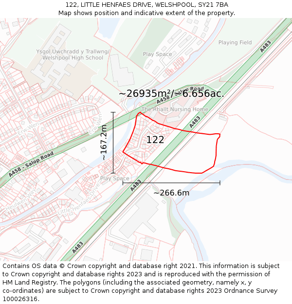 122, LITTLE HENFAES DRIVE, WELSHPOOL, SY21 7BA: Plot and title map