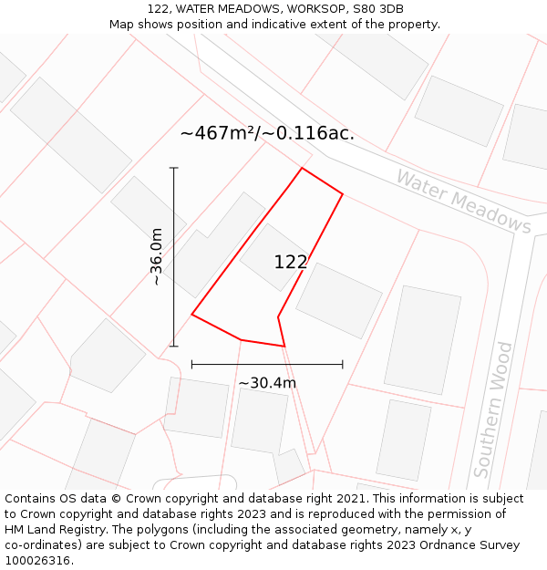 122, WATER MEADOWS, WORKSOP, S80 3DB: Plot and title map