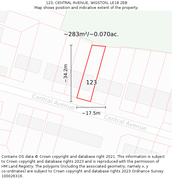 123, CENTRAL AVENUE, WIGSTON, LE18 2EB: Plot and title map