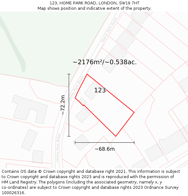 123, HOME PARK ROAD, LONDON, SW19 7HT: Plot and title map